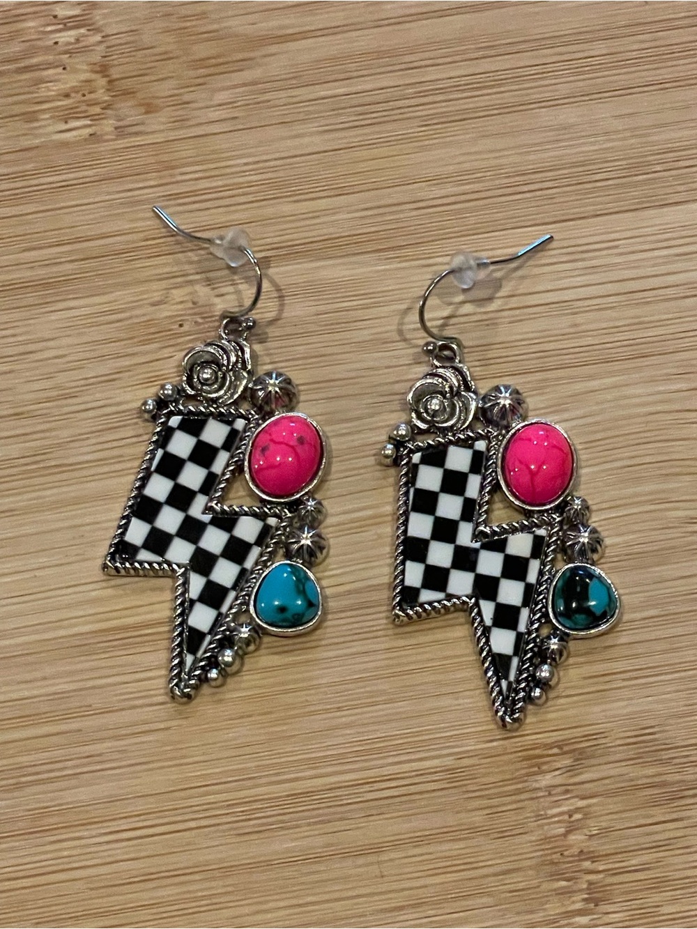 Checkerboard Lightning Bolt Earrings with Pink and Turquoise stones
